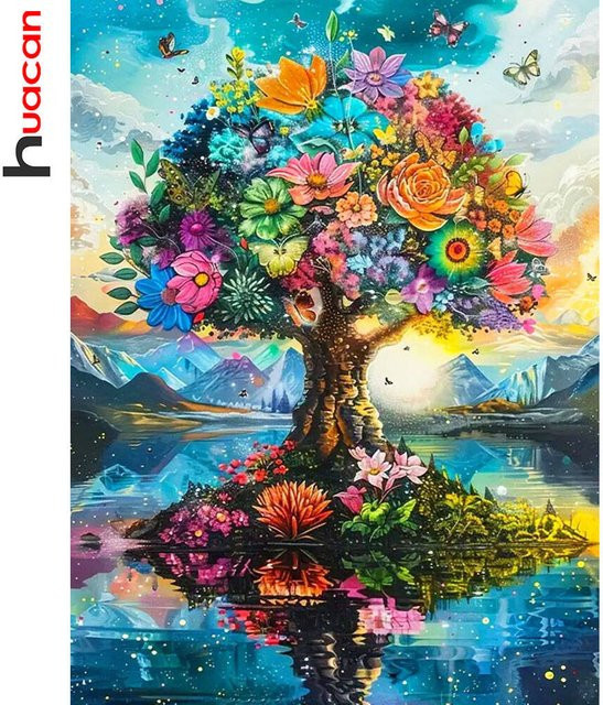 Huacan Diamantmalerei Landschaft mit Blumen und Bäumen als Rundes Mosaik Wanddekor, Mehrfarbig, B/H: 30 x 20 cm - Bild 1