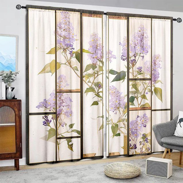 2 Stück Syringa Oblata Lindl Siebdruck Vorhang in Beige für dein Zuhause, B: 52,5 cm, H: 116 cm - Bild 1