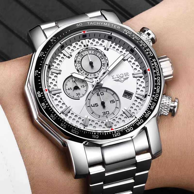 LIGE Chronograph Herrenuhr, Quarz, Edelstahl, Schwarz - Bild 5
