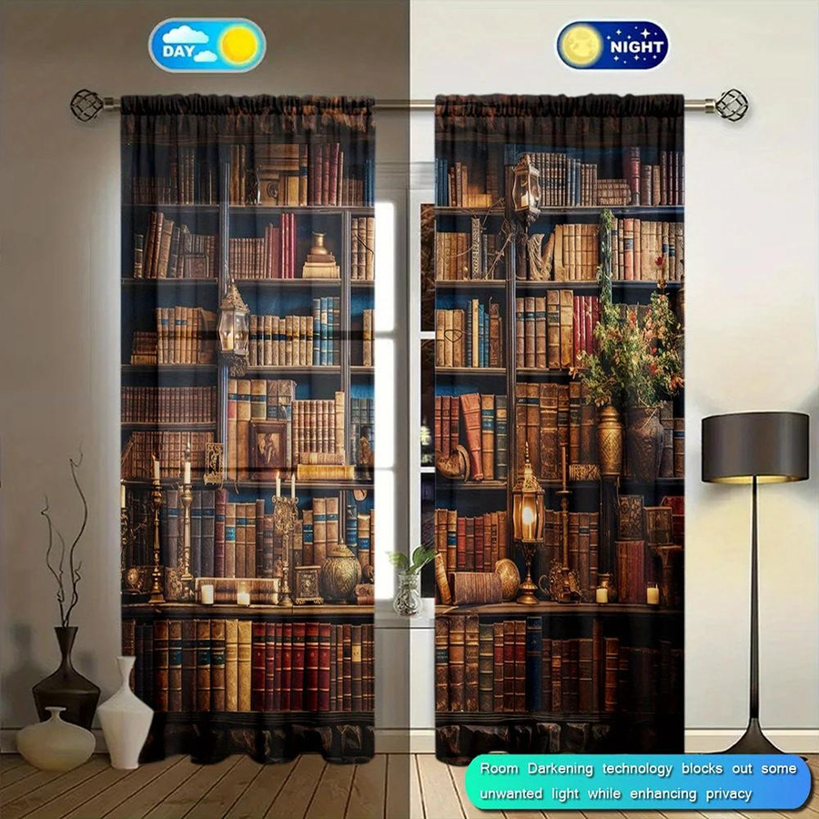 2er-Set Vorhänge mit Mittelalterliches Bücherregal-Print von Household supplies MH, halbtransparent, mehrfarbig, B: 52,5 cm, H: 116 cm - Bild 4