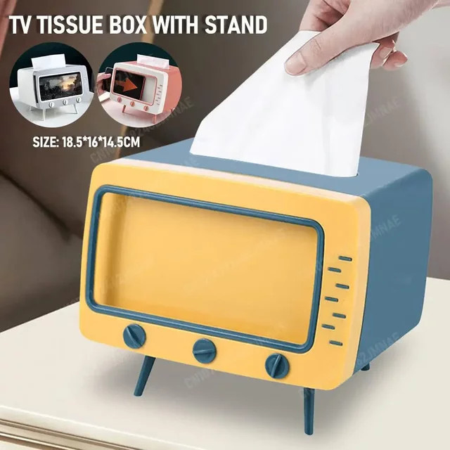 APWIKOGER Kawaii TV Tissue Box mit Smartphone-Halterung, multifunktionaler Taschentuchspender aus Kunststoff, Weiß - Bild 1