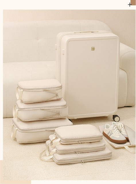 4-teiliges YHYEH Packwürfel-Set aus Stoff zur platzsparenden Aufbewahrung von Kleidung und Gepäck in Pink und Beige - Bild 1