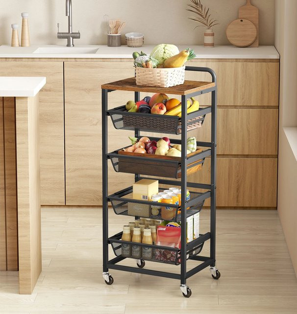 VASAGLE Servierwagen im Industrial Design mit 5 Ebenen und herausziehbaren Körben, Rollwagen für die Küche, braun-schwarz - Bild 1