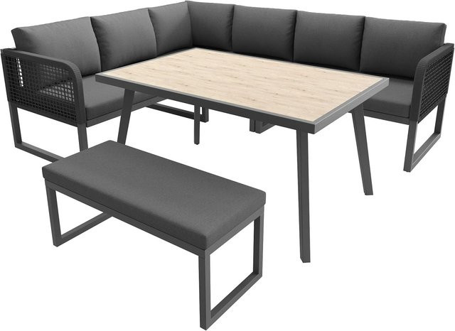 okwish Gartenmöbel Set aus Polyrattan mit Sofabank, Tisch und UV-beständigen Sitzkissen in Grau - Bild 1