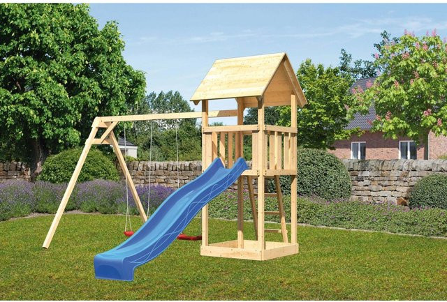 Karibu Spielturm Lotti mit Satteldach, Rutsche und Doppelschaukel in Blau und Braun - Bild 1