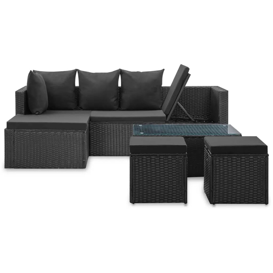 vidaXL 4-tlg Garten-Lounge-Set Schwarz aus Poly Rattan mit Auflagen und Glastisch - Bild 2