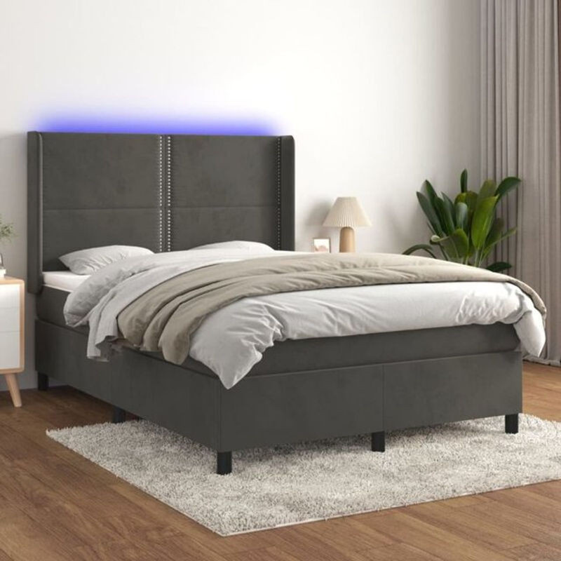 vidaxl Boxspringbett mit Matratze und LED in Dunkelgrau aus Samt, B/T/H: 140 x 200 x 118 cm - Bild 1