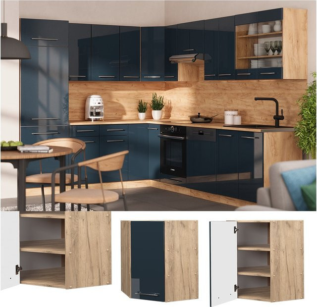 Vicco Eckhängeschrank Fame-Line Küche Eiche Dunkelblau Hochglanz mit Soft-Closing-Scharnieren Breite: 57 cm, Höhe: 72 cm, Tiefe: 20 cm - Bild 1