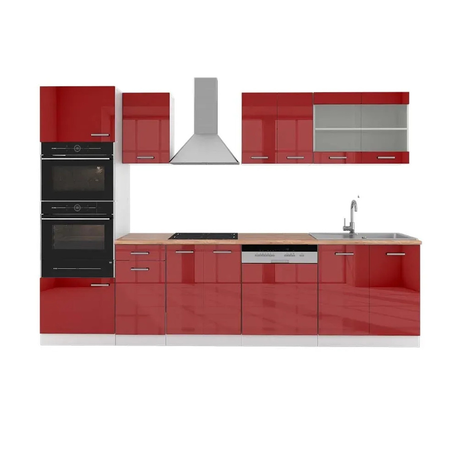 Vicco R-Line Küchenzeile Bordeaux Hochglanz und Weiß mit Hochschrank Eiche, Breite: 300 cm, Höhe: 207 cm, Tiefe: 60 cm - Bild 1