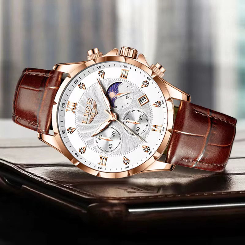 LIGE Armbanduhr Chronograph, Quarz, Leder, Blau, Roségold, Herren - Bild 2