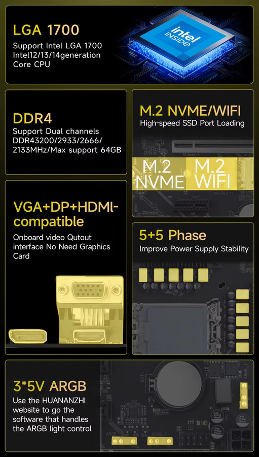 HUANANZHI H610M Pro M-ATX DDR4 Motherboard für Intel LGA 1700 CPUs der 12. und 13. Generation in Schwarz - Bild 2
