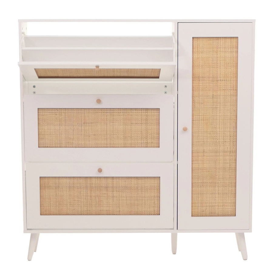 MCW Rattan-Schuhkipper M37 Schuhschrank in Weiß mit 3 Kippfächern und 2 Regalböden, B/H/T: 127 x 120 x 24 cm - Bild 2