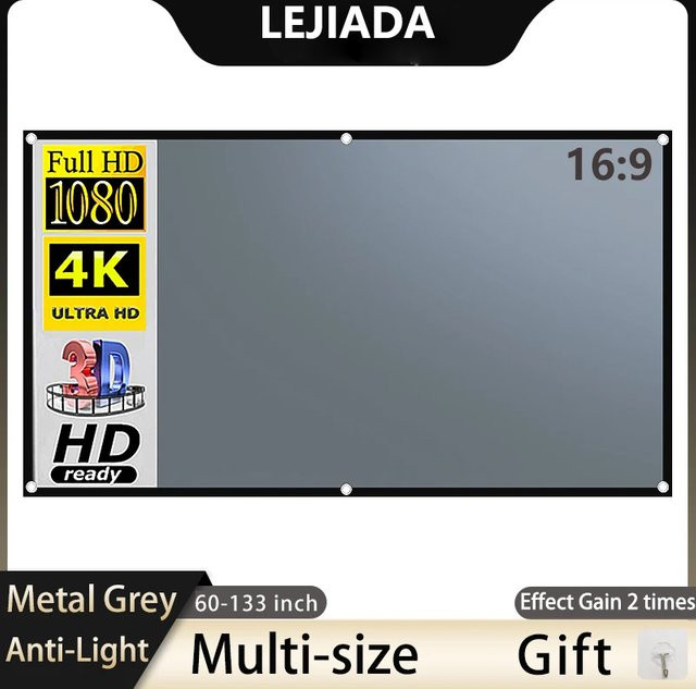 LEJIADA Projektor-Leinwand mit Anti-Licht-Effekt, 16:9 Format, Metallgrau und schwarzem Rand, tragbar für Zuhause und Outdoor - Bild 1
