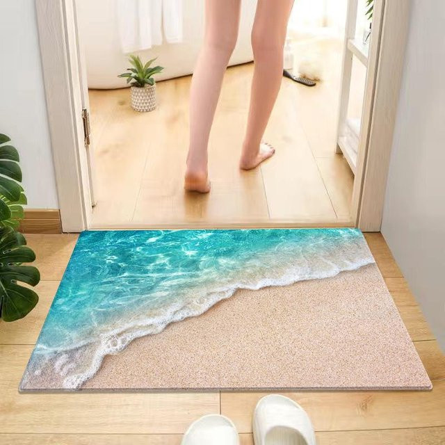 ZZ HOME Badematte mit 3D-Wellen- und Stranddesign in Blau, wasserabsorbierend und schnell trocknend, B/B: 80 x 120 cm - Bild 1