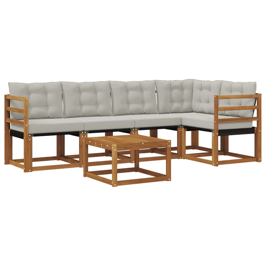 vidaXL Outdoor-Sofagarnitur 6-teilig aus Akazienholz und Textilene in L-Form mit Kissen, Farbe: Natur und Hellgrau - Bild 2