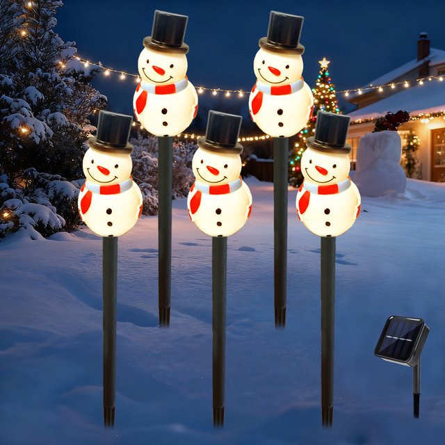 Peach Forest 5er Set Schneemann mit schwarzem Hut als Solar Gartenstecker für die Dekoration von Garten, Terrasse und Rasen - Bild 1