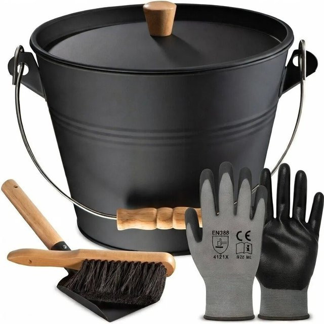 BLACK OAK Ascheeimer PAGO in Schwarz mit Deckel, Holzknopf, Schaufel und Besen, B/T/H: 24 x 24 x 21 cm - Bild 1
