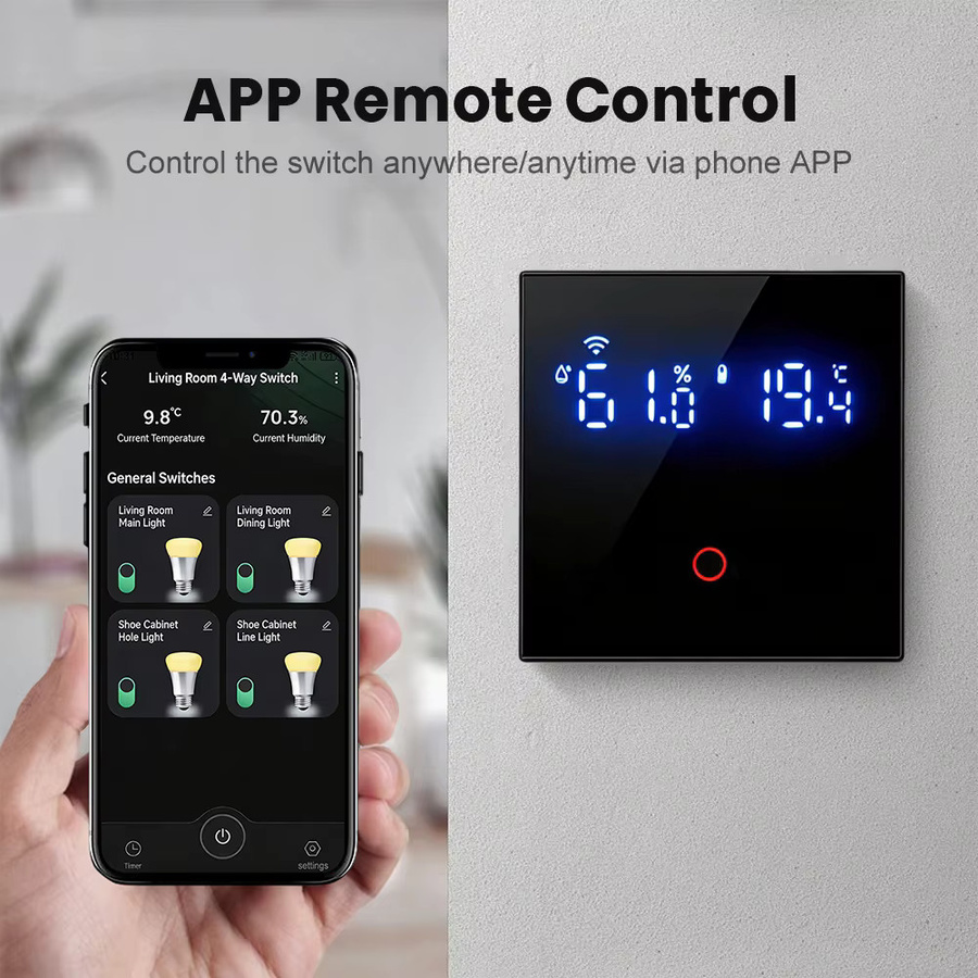 RKHK Smart-Schalter WLAN Touch-Lichtschalter mit Temperatur- und Feuchtigkeitssensor Tuya Steuerung für Amazon Alexa und Google Assistant Schwarz - Bild 2