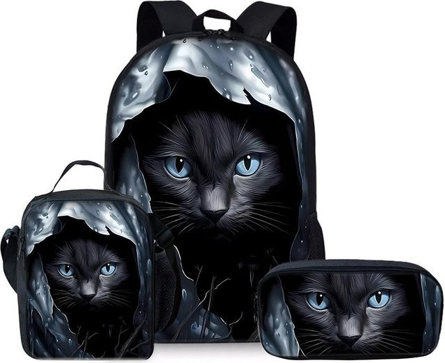 BAOERYE Dreiteiliges Schulset mit Katzen-Motiv in Schwarz bestehend aus Rucksack, Brotdose und Federmäppchen für Kinder - Bild 1