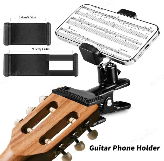 Verstellbare 360 Grad Gitarren-Handyhalterung in Schwarz für Ukulele, Bass und Live-Übertragungen - Bild 1