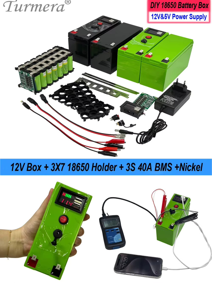 Turmera DIY Set 18650 Batteriehalter Box mit 3x7 Zellen, 12V 40A BMS, USB Power Bank und Spannungsanzeige in Grün - Bild 4
