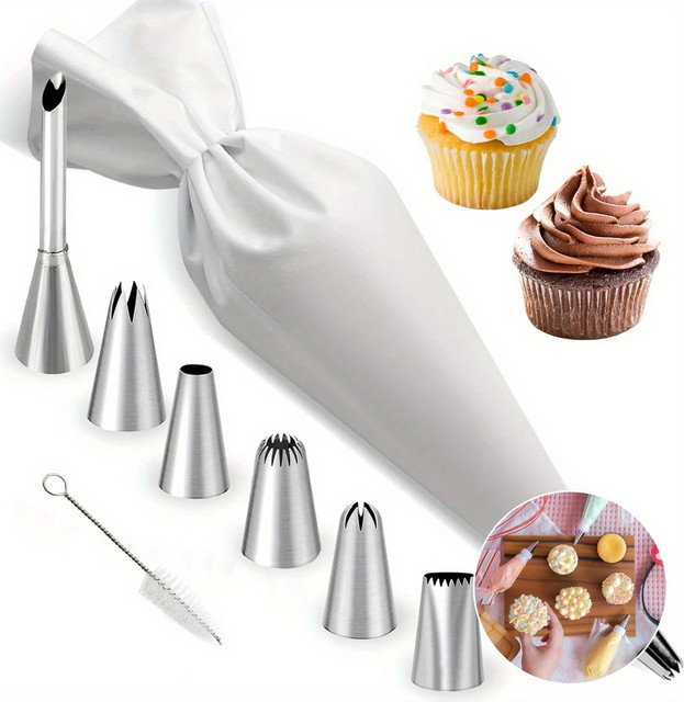 XMSJ 9-teiliges Kuchenverzierung-Set mit Spritzbeutel und Spritzspitzen aus Edelstahl in Silber - Bild 1