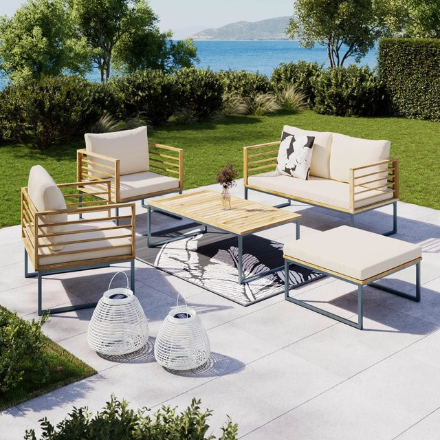 Bessagi Garden Loungegarnitur Silas aus Akazienholz und Metall in Creme mit Polstern für Garten, Terrasse und Balkon - Bild 1