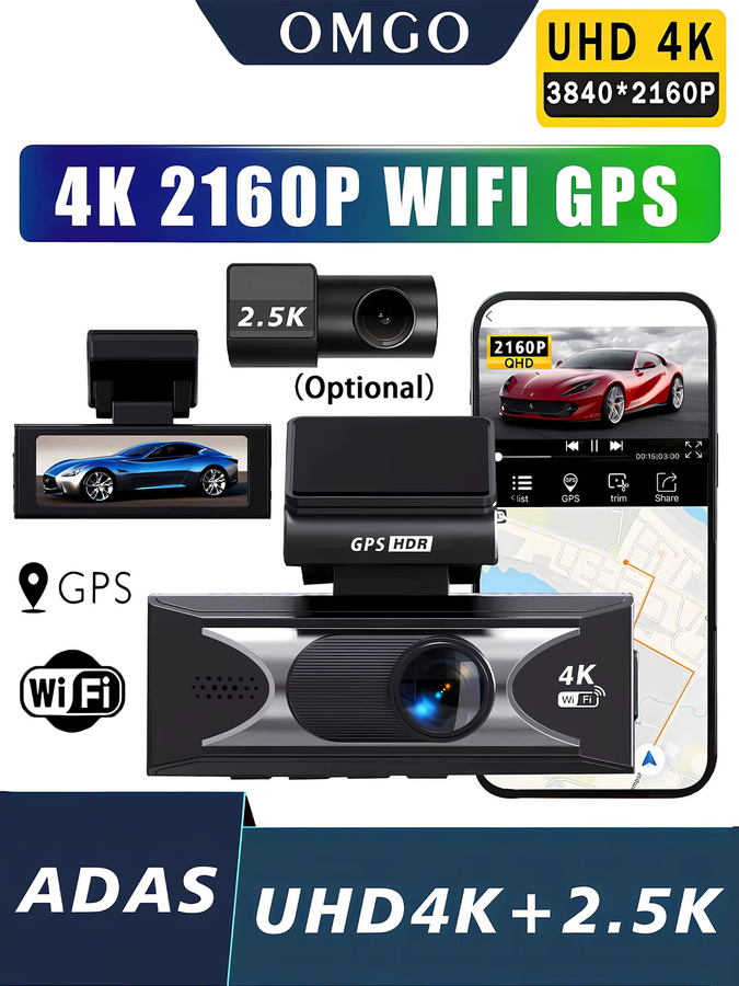 OMGO Dual Lens Dash Cam mit 4K UHD und 2,5K Auflösung, integriertes WiFi und GPS, HDR Nachtsicht und 24H Parkplatz Monitor, Schwarz - Bild 7