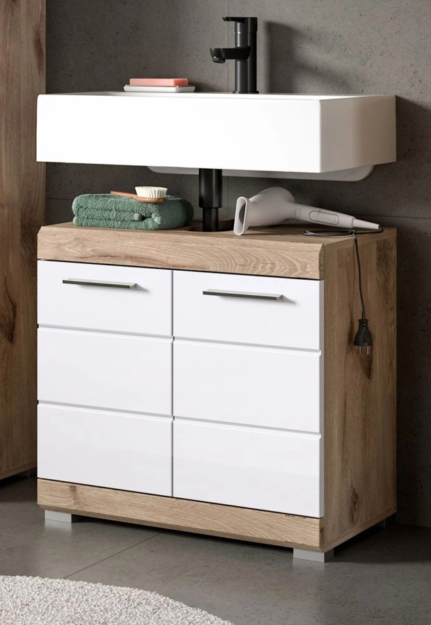 Inn.Furn Waschbeckenunterschrank Willow für dein Badezimmer in Weiß Hochglanz und Eiche, Breite: 60 cm - Bild 1