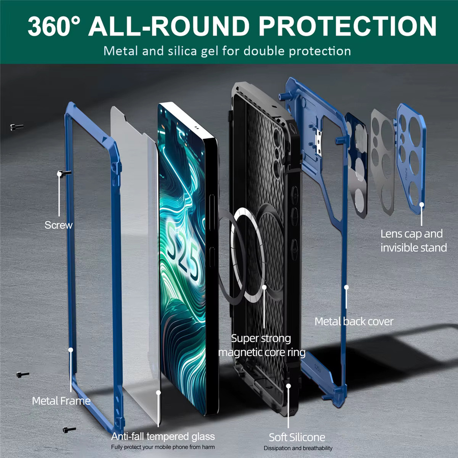 Samsung 360-Grad-Handyhülle aus Metall mit Kameraobjektivschutz und Bildschirmglasgehäuse für Galaxy S25 Ultra, S24 Ultra und S23 Ultra in Schwarz und Blau - Bild 6