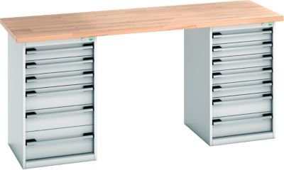 Bott Werkbank aus Stahl mit Buchenholz-Arbeitsplatte und 13 Schubladen, lichtgrau, B/T/H: 200 x 75 x 94 cm, Tragkraft 1200 kg - Bild 1