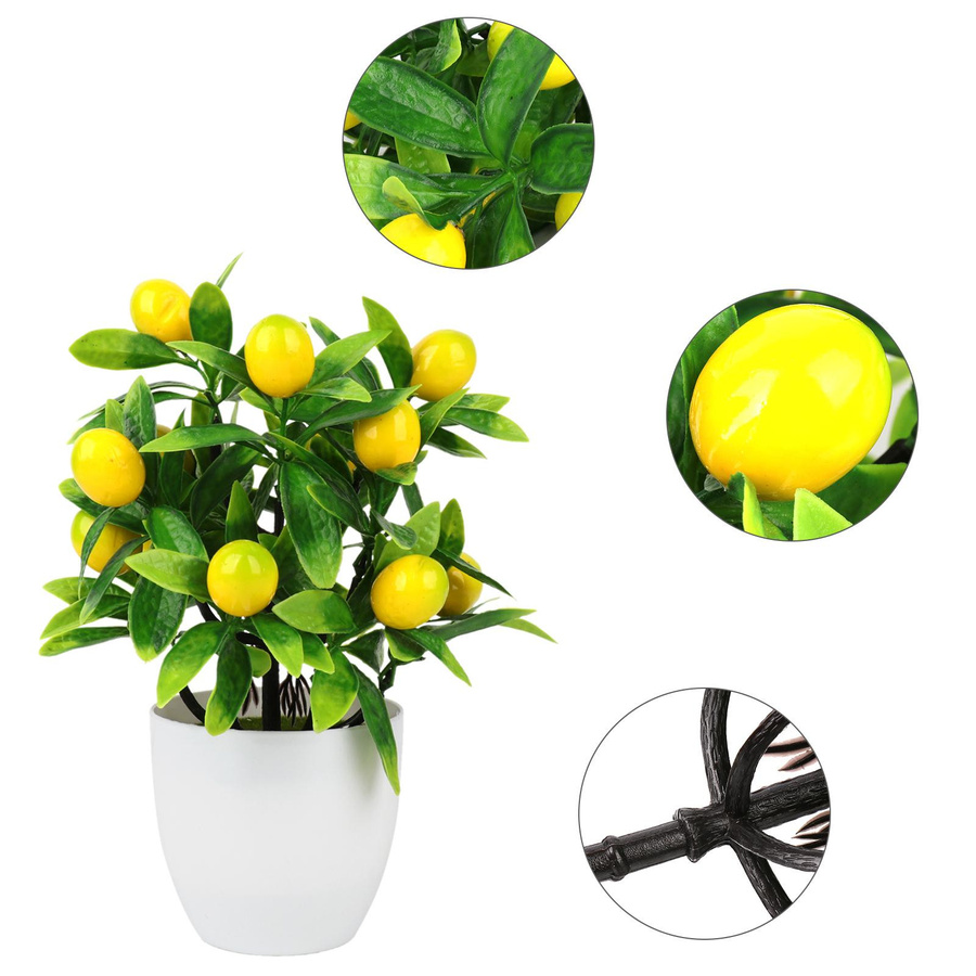 Fishine Kumquat Bonsai und Zitronen Bonsai künstlicher Baum mit Topf aus Kunststoff und Schaumstoff, Topfdurchmesser: 9,5 cm, Höhe: 8 cm - Bild 3