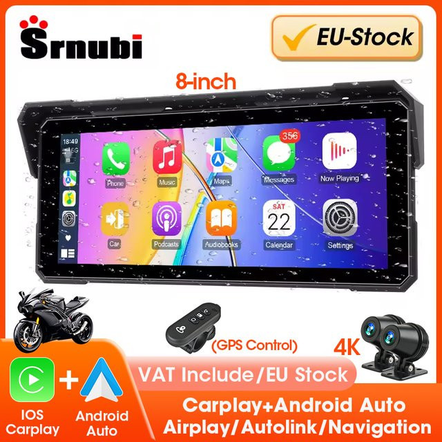 srnubi 7/8 Zoll Carplay Motorrad GPS Navigation mit 4K Moto DVR, IP67 wasserdichter Android Auto Monitor, Schwarz - Bild 1