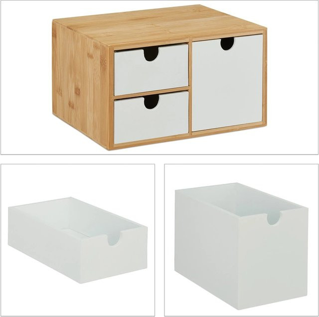 Relaxdays Schubladenbox aus Bambus und MDF mit 3 Schubladen in Weiß und Natur, B: 25 cm, T: 14,5 cm, H: 20 cm - Bild 1