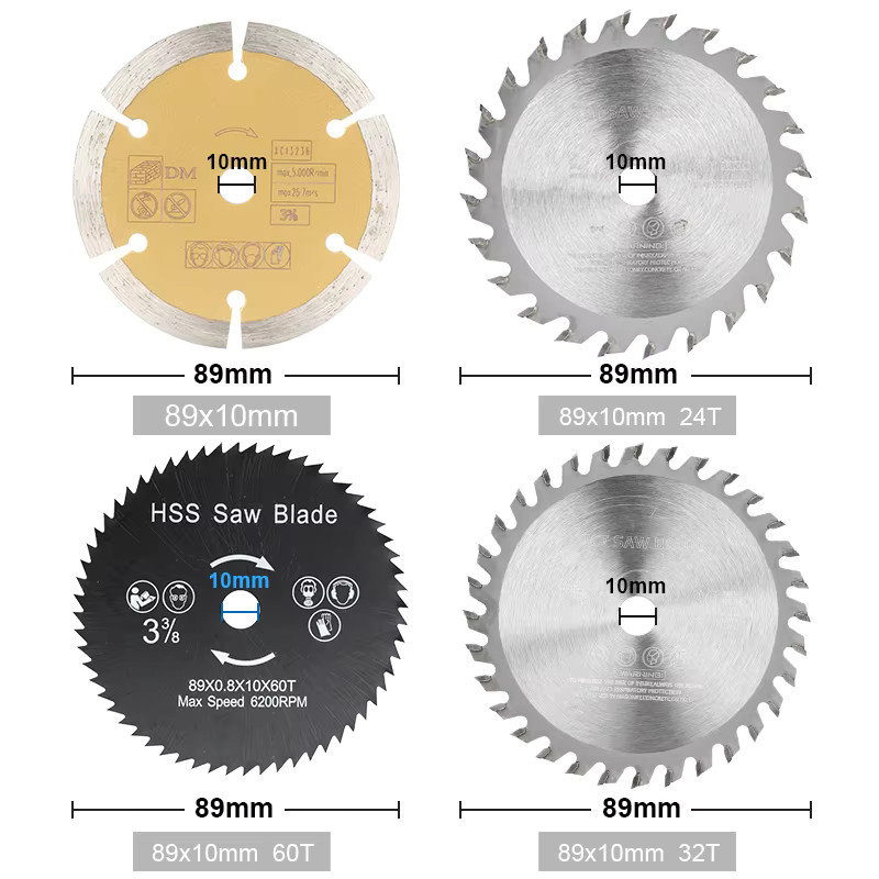 XCAN 4-teiliges Kreissägeblatt-Set aus HSS, TCT und Diamant zum Schneiden von Holz, PVC und Kunststoff, Durchmesser: 89 mm, Breite: 10 mm - Bild 2