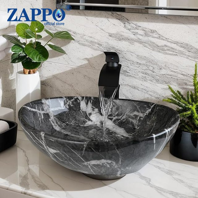 ZAPPO Keramik-Waschbecken in Grau mit Wasserhahn und Abfluss, marmoriertes Aufsatzwaschbecken für das Badezimmer - Bild 1