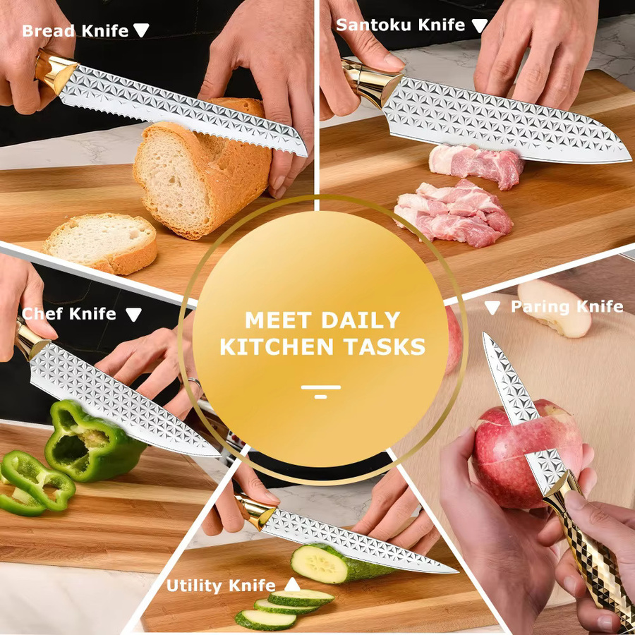 XIAOTIANLAI 5/6/7-teiliges Edelstahl-Küchenmesserset mit goldenem Griff, professionelles Kochmesser-Set inklusive Santoku- und Schälmesser - Bild 4