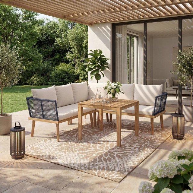Bessagi Garden Dining-Loungeset Juliana in Creme und Braun aus Metall und Akazienholz - Bild 1
