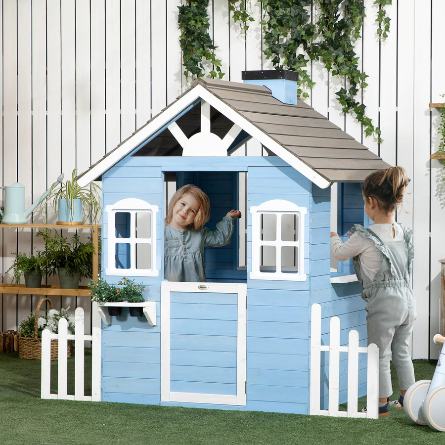 Outsunny Kinderspielhütte aus Fichtenholz in Blau mit Tür, Fenstern, Zaun und Blumentöpfen, B/T/H: 151 x 112,5 x 142 cm - Bild 2
