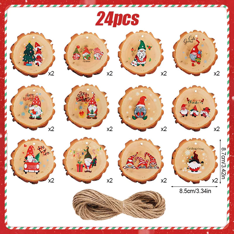 ZQNYCY Weihnachtsbaum-Anhänger aus Holz mit Weihnachtsmann-Motiv, 12 Stück rustikale Holzscheiben als hängende Weihnachtsdekoration für DIY-Handwerk und Zuhause - Bild 2