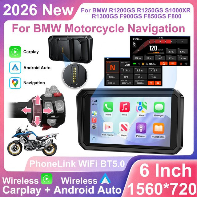 WEUASTE Kabelloser 6 Zoll Motorrad-Navigationsbildschirm mit CarPlay, Android Auto und GPS in Schwarz für BMW R1200GS, R1250GS und R1300GS - Bild 1