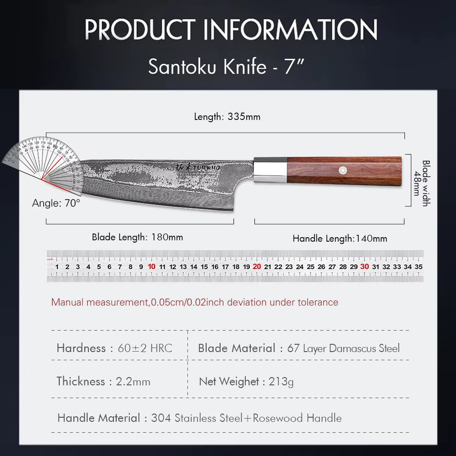 TURWHO Santoku Küchenmesser aus 67-lagigem Damaststahl, 17,78 cm handgeschmiedetes Kochmesser mit Holzgriff - Bild 5