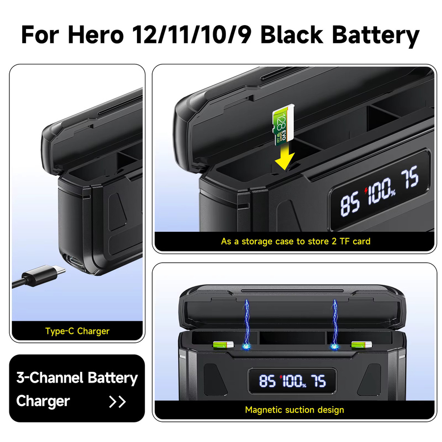 GoPro Akku-Set mit 2000mAh Akkus und Ladegerät für 3 Slots inklusive TF-Karte in Schwarz - Bild 5