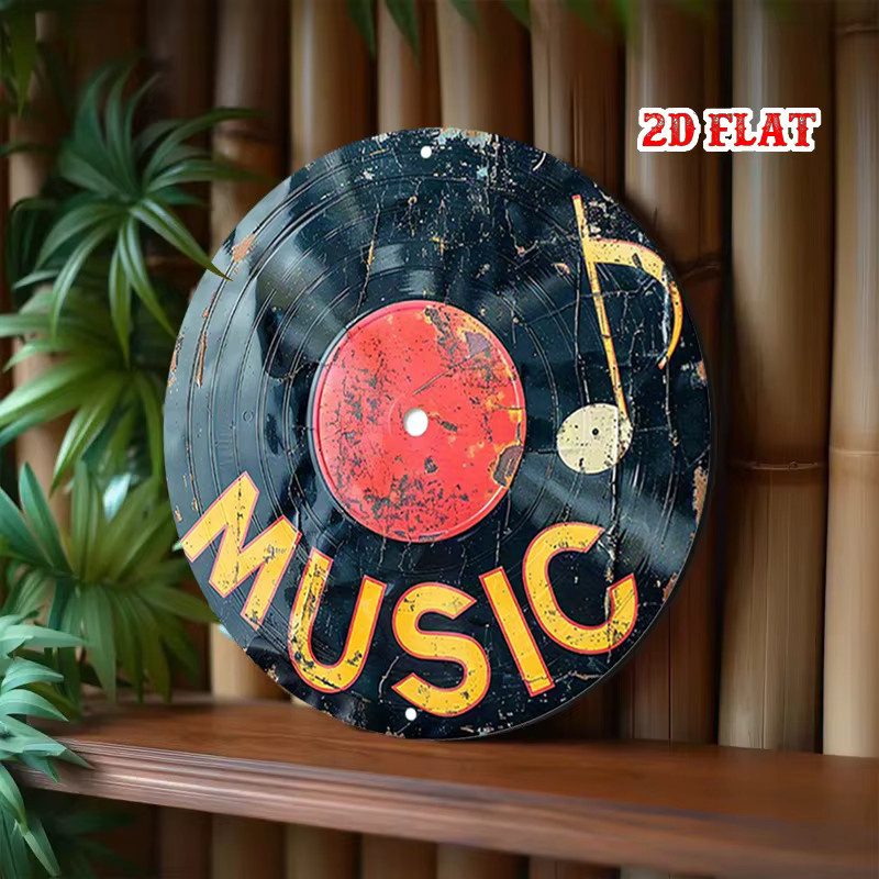 Potdemiel Metall Wanddekoration Vintage Vinyl Schallplatte im Retro-Stil mit Musiknoten und Soundwave, Schwarz, Gold und Rot - Bild 5