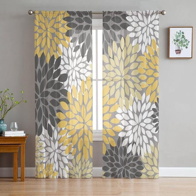 A Family Of Home Textiles Transparentes Tüll-Fenstervorhang mit Dahlien-Blumenmuster in Gelb, B: 135 cm, H: 137 cm - Bild 1