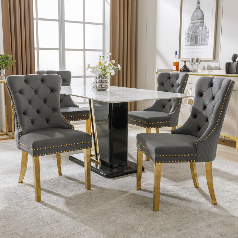 Set aus 4 Esszimmerstühlen aus Samt in Grau mit runden Zugringen und Nagelkopfbesatz, B/T/H: 51 x 65,5 x 95 cm - Bild 2