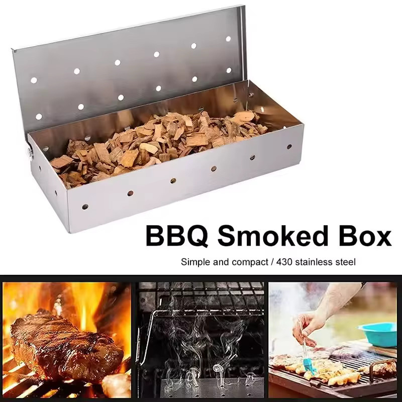 Edelstahl Räucherbox in Silber mit Holzspänen für Gasgrills und Grillzubehör - Bild 3