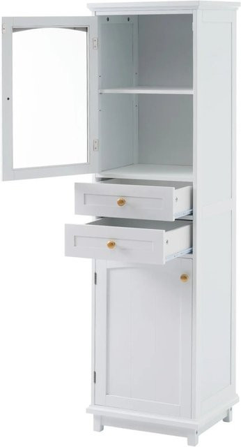 PXloue Badezimmerschrank Weiß mit Glastüren, 2 Schränken, 2 Schubladen und verstellbaren Einlegeböden, B/T/H: 45 x 36 x 160 cm - Bild 1