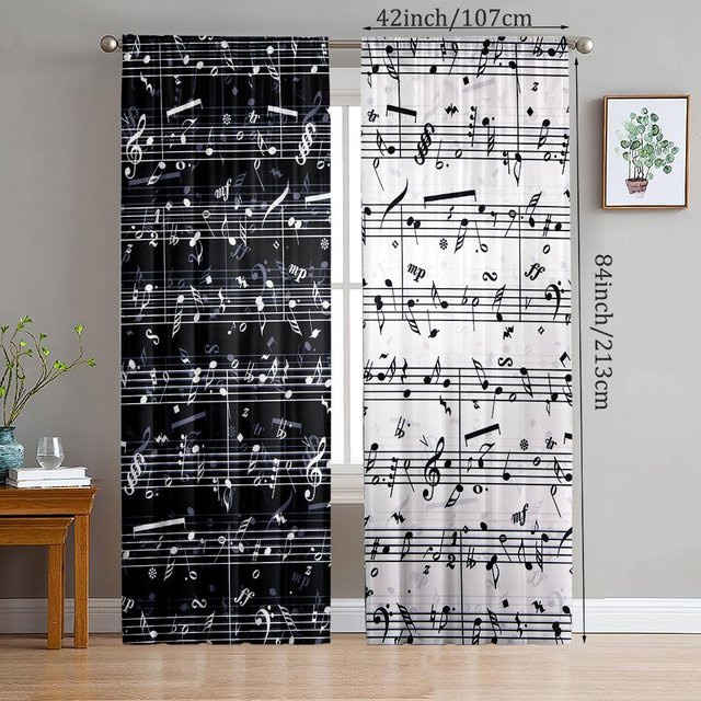 2er-Set Yiran Furniture Vorhänge mit Notenlinien-Design aus Polyester in Schwarz-Weiß, B: 35 cm, H: 100 cm - Bild 1