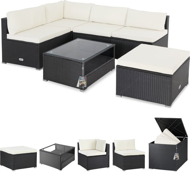 CASARIA Polyrattan Ecklounge Schwarz/Beige mit Auflagenbox und Outdoor-Couchtisch - Bild 1